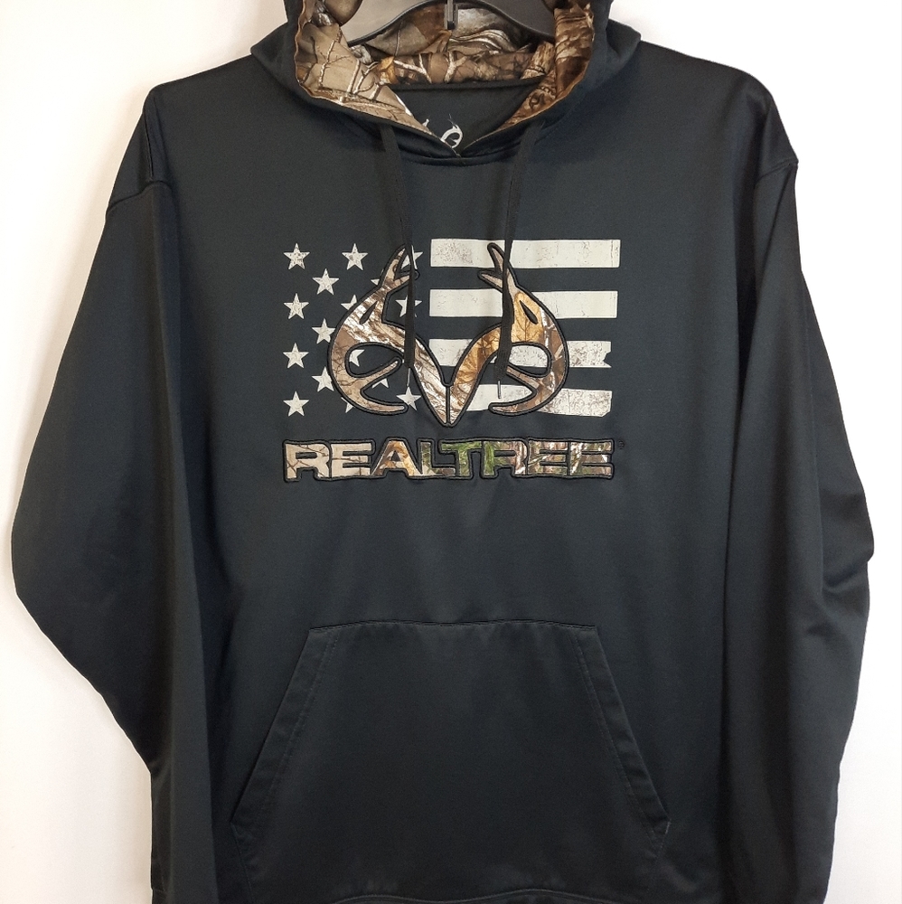 Realtree Black Camouflage Hoodie Men's XL Deer Antler Pull Over Flag Outdoors